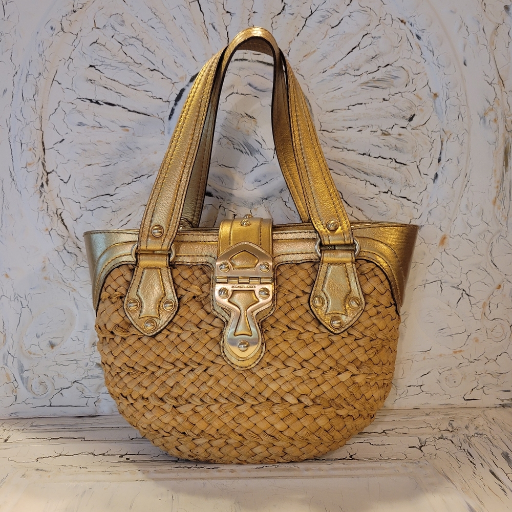 Michael Kors Straw Jute Rope Satchel Gold Trim #04 Designer Vintage Y2k